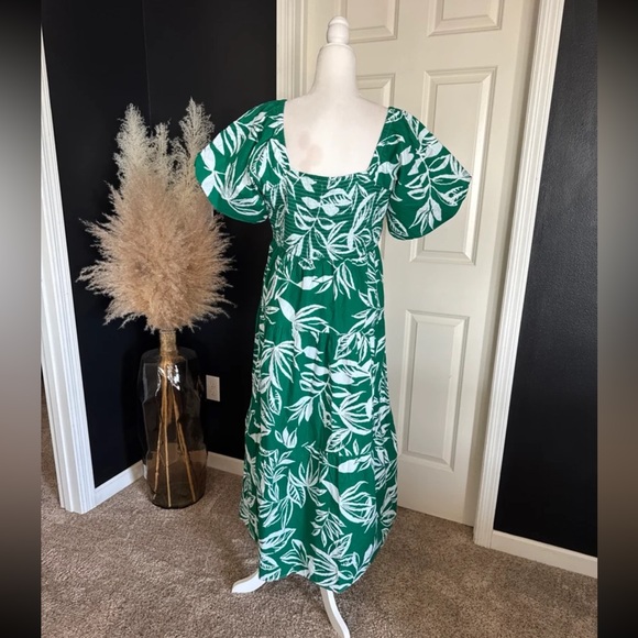 Meadow Rhodes Midi Dress Green & White Cotton Leaf Print Puff Sleeve 
size XL - Picture 7 of 12
